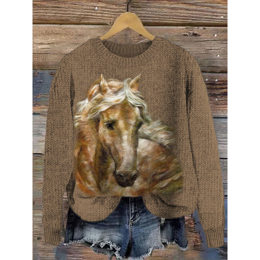 Brown Horse Felt Art Pattern Crew Neck Sweater