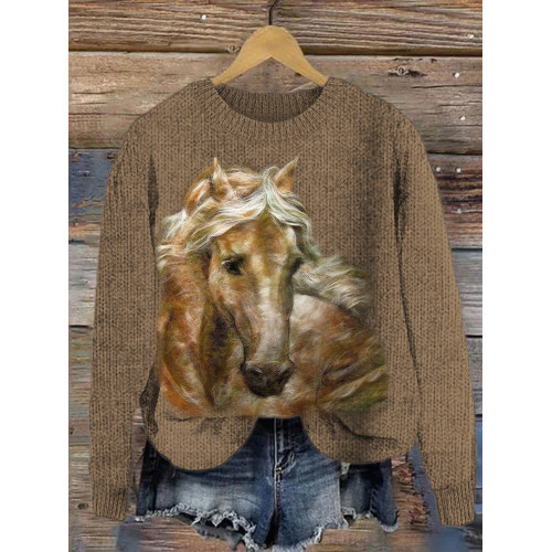 Brown Horse Felt Art Pattern Crew Neck Sweater