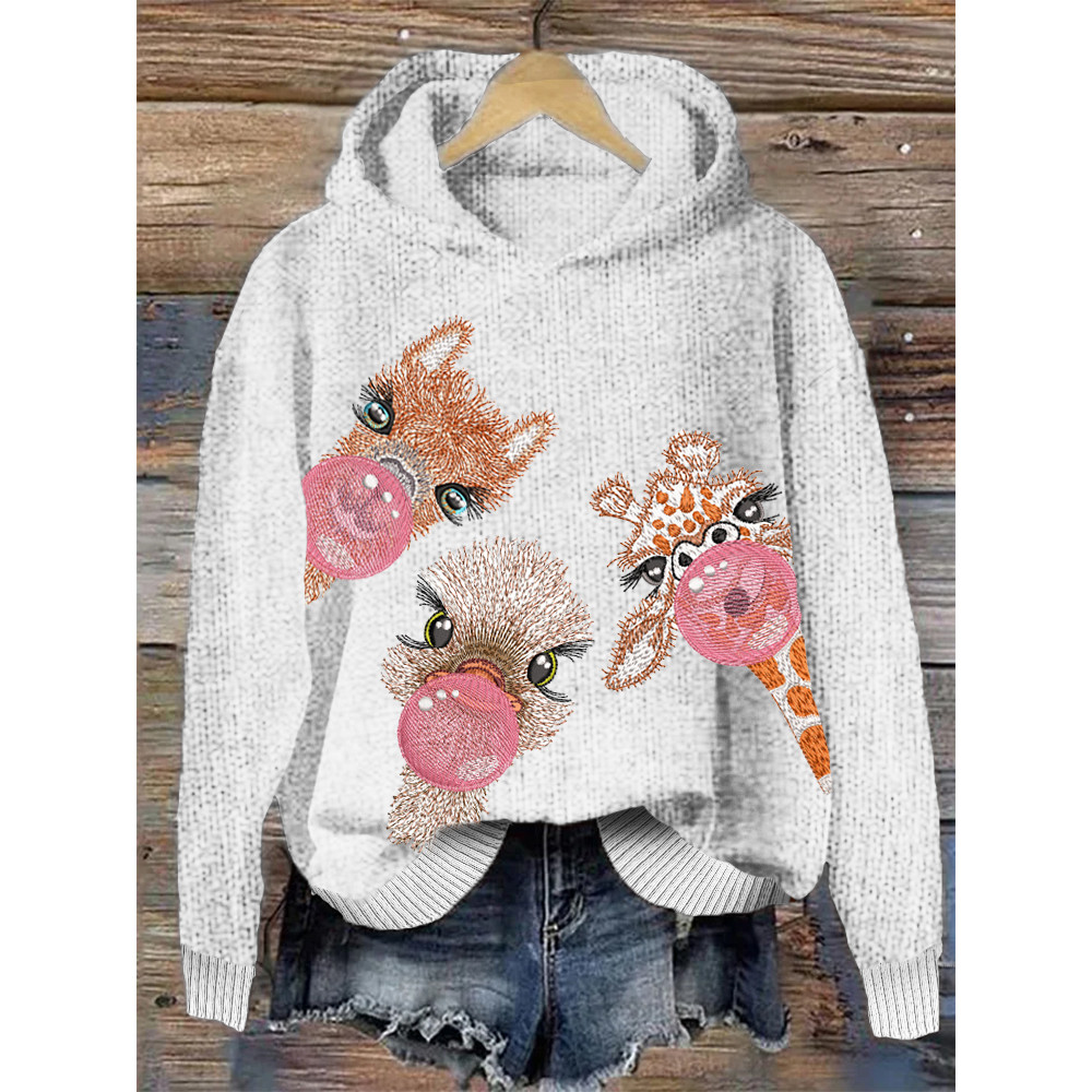 Bubble Animal Embroidery Pattern Cozy Hooded Sweater