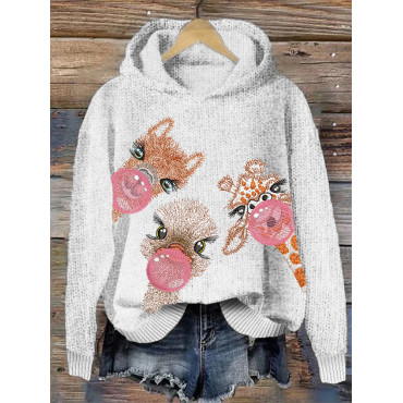 Bubble Animal Embroidery Pattern Cozy Hooded Sweater