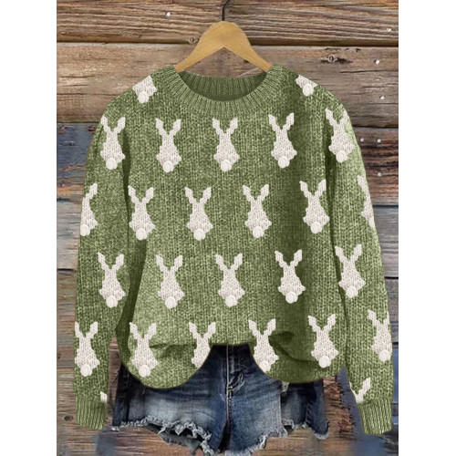 Bunny Back View Pattern Knit Art Cozy Sweater