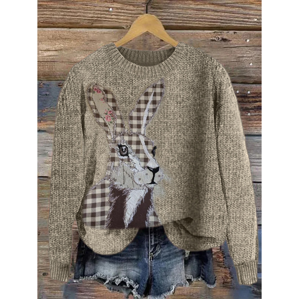 Bunny Check Textile Art Cozy Knit Sweater