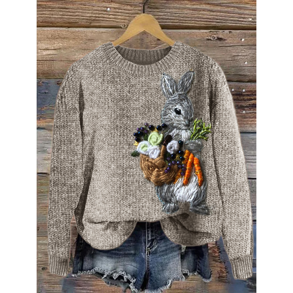 Bunny Harvest Beaded Embroidery Art Cozy Knit Sweater