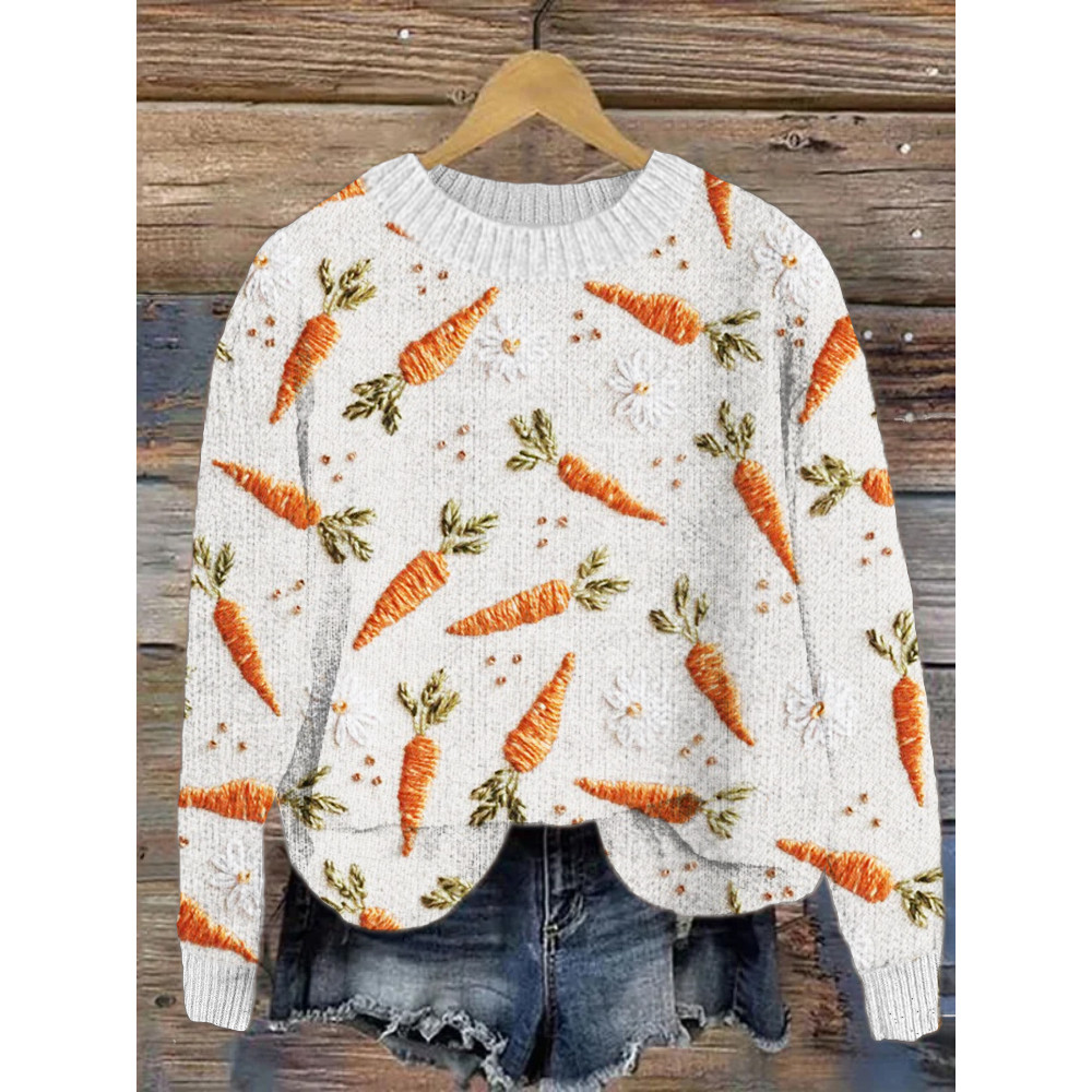 Carrot Embroidery Cozy Knit Sweater