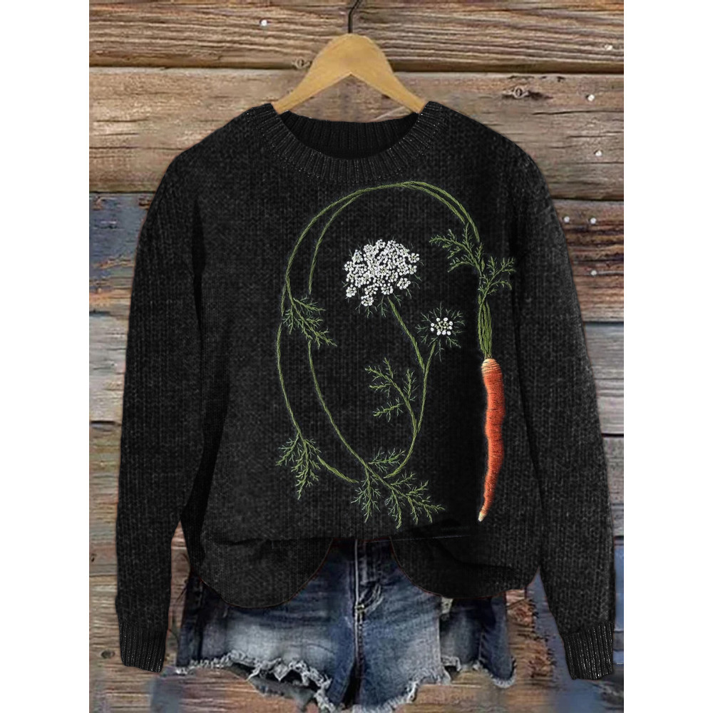 Carrot Embroidery Farm Girl Cozy Knit Sweater
