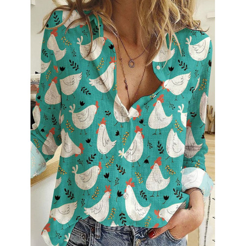 Cartoon Chick And Floral Print Casual Blouse
