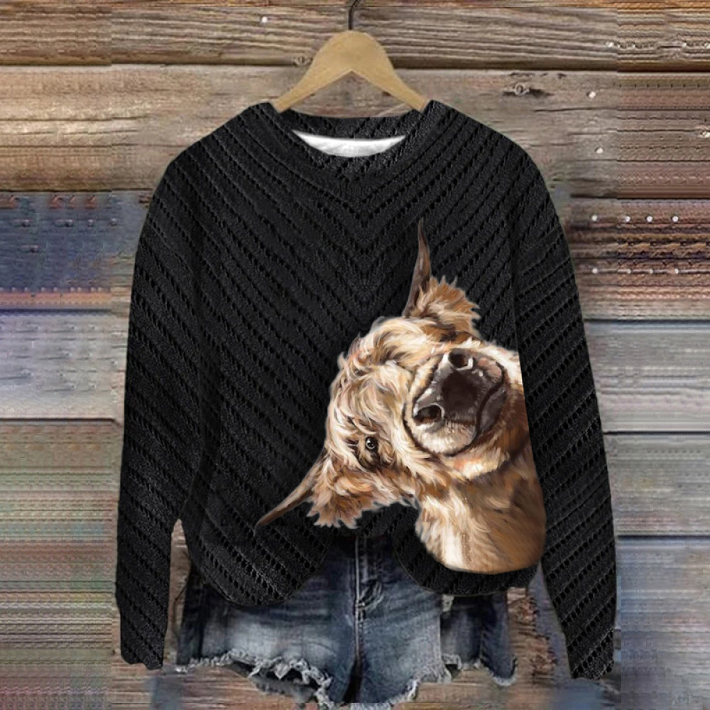 Casual Cute High Low Cow Head Knitted Sweater