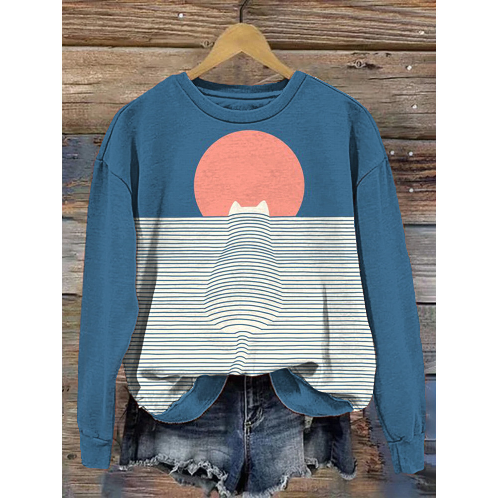 Cat Abstract Art Print Casual Cotton Sweatshirt
