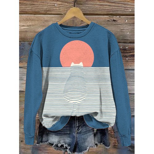Cat Abstract Art Print Casual Cotton Sweatshirt