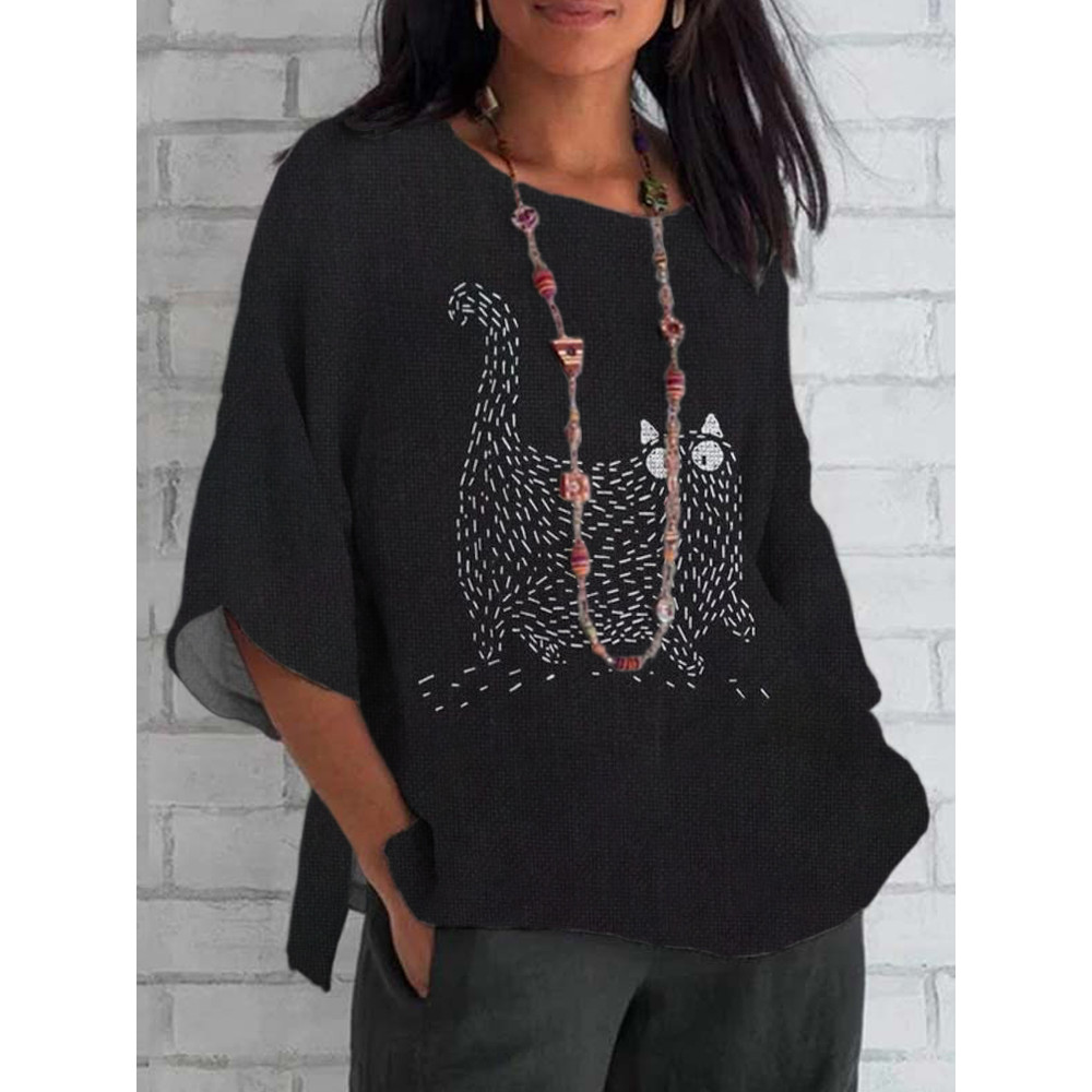 Cat Embroidered Thread Pattern Linen Casual Top