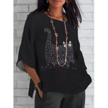 Cat Embroidered Thread Pattern Linen Casual Top