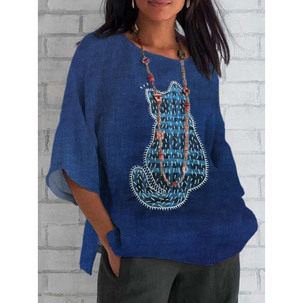 Cat Embroidered Thread Pattern Linen Casual Top