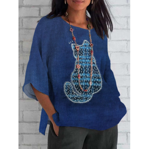 Cat Embroidered Thread Pattern Linen Casual Top