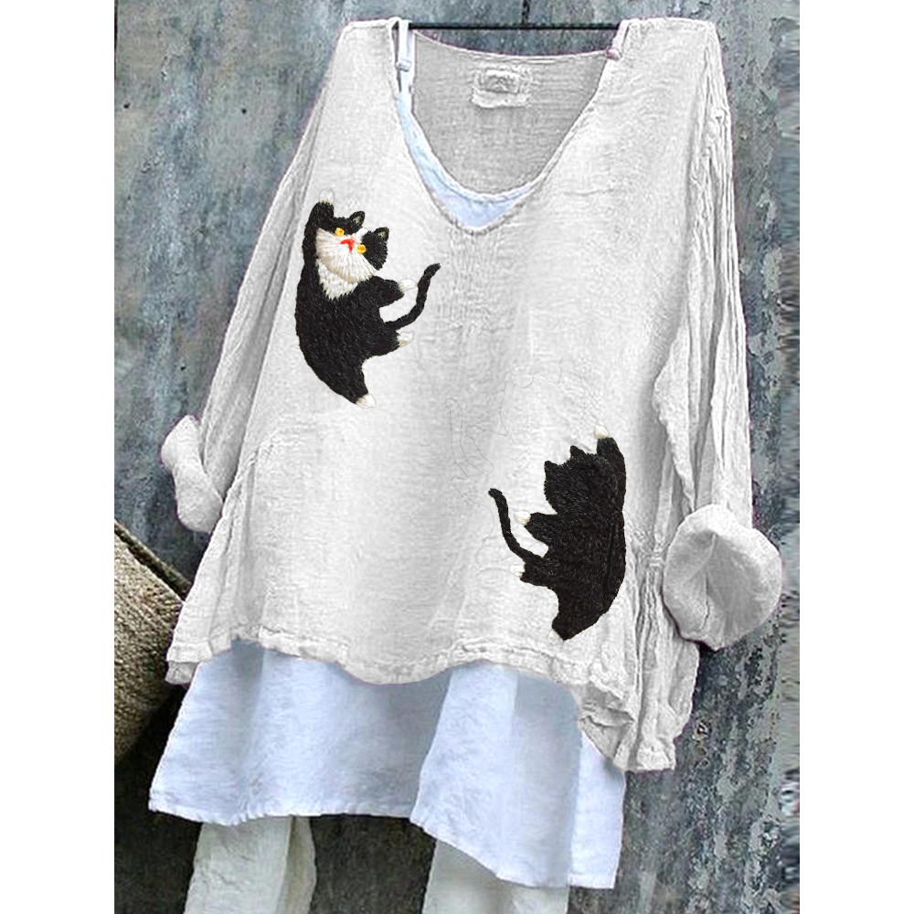 Cats Embroidery Pattern Linen Blend Casual Vintage Shirt