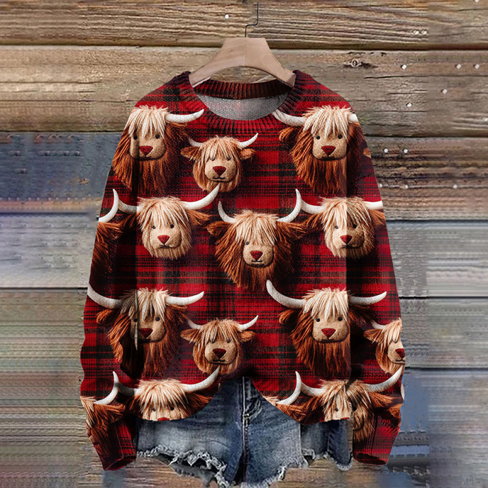 Checked Highland Cow Cozy Knitted Sweater