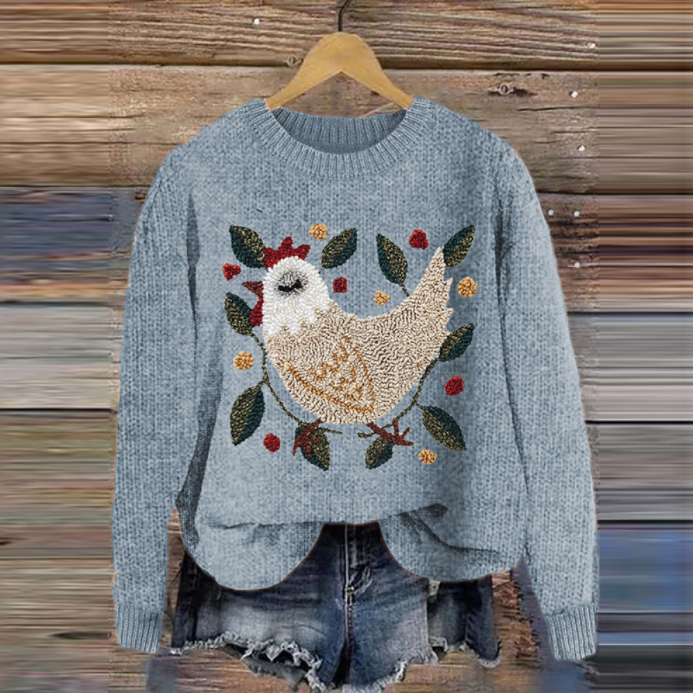 Chicken And Floral Cute Pattern Crew Neck Cozy Knit Sweater