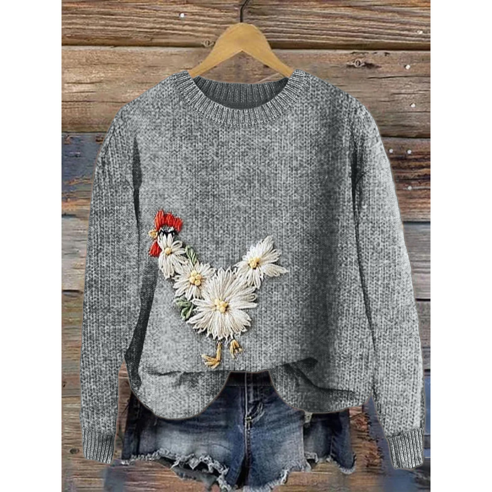 Chicken Daisy Flora Embroidery Art Cozy Sweater