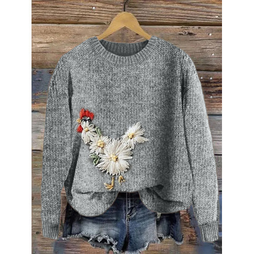 Chicken Daisy Flora Embroidery Art Cozy Sweater