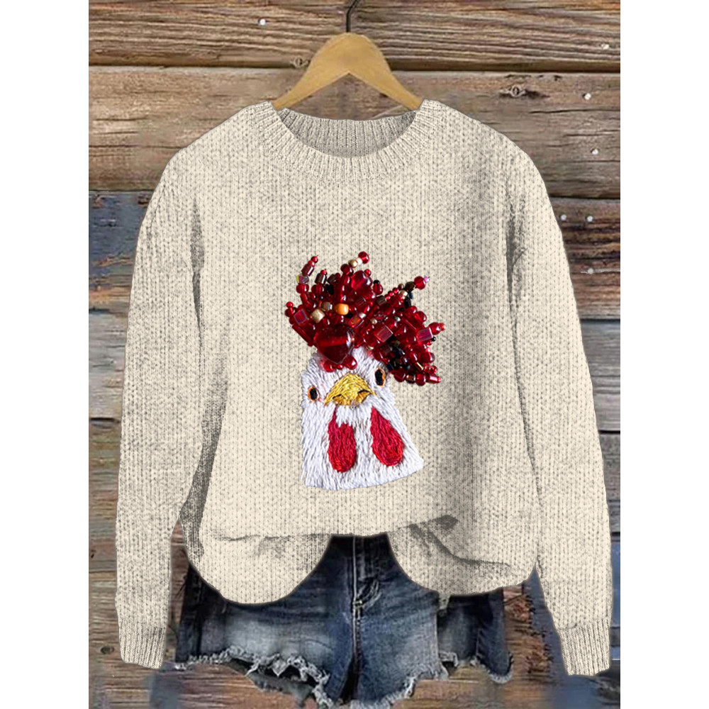 Chicken Embroidery Pattern Crew Neck Sweater