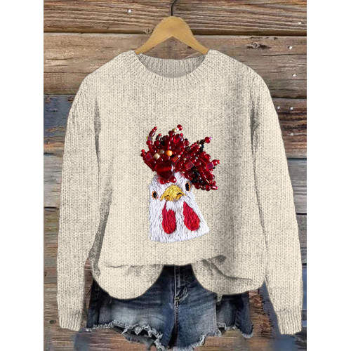 Chicken Embroidery Pattern Crew Neck Sweater