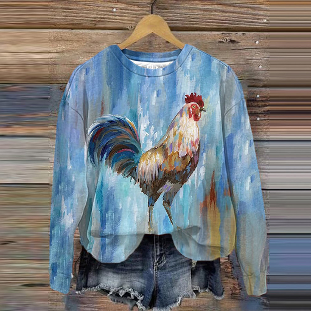 Chicken Painting Print Casual Crew Neck Sweatshirt