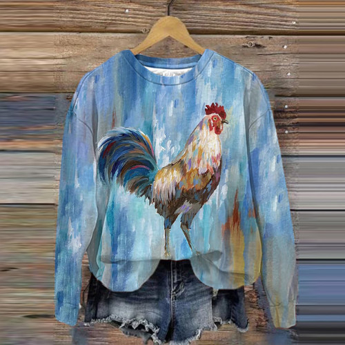 Chicken Painting Print Casual Crew Neck Sweatshirt