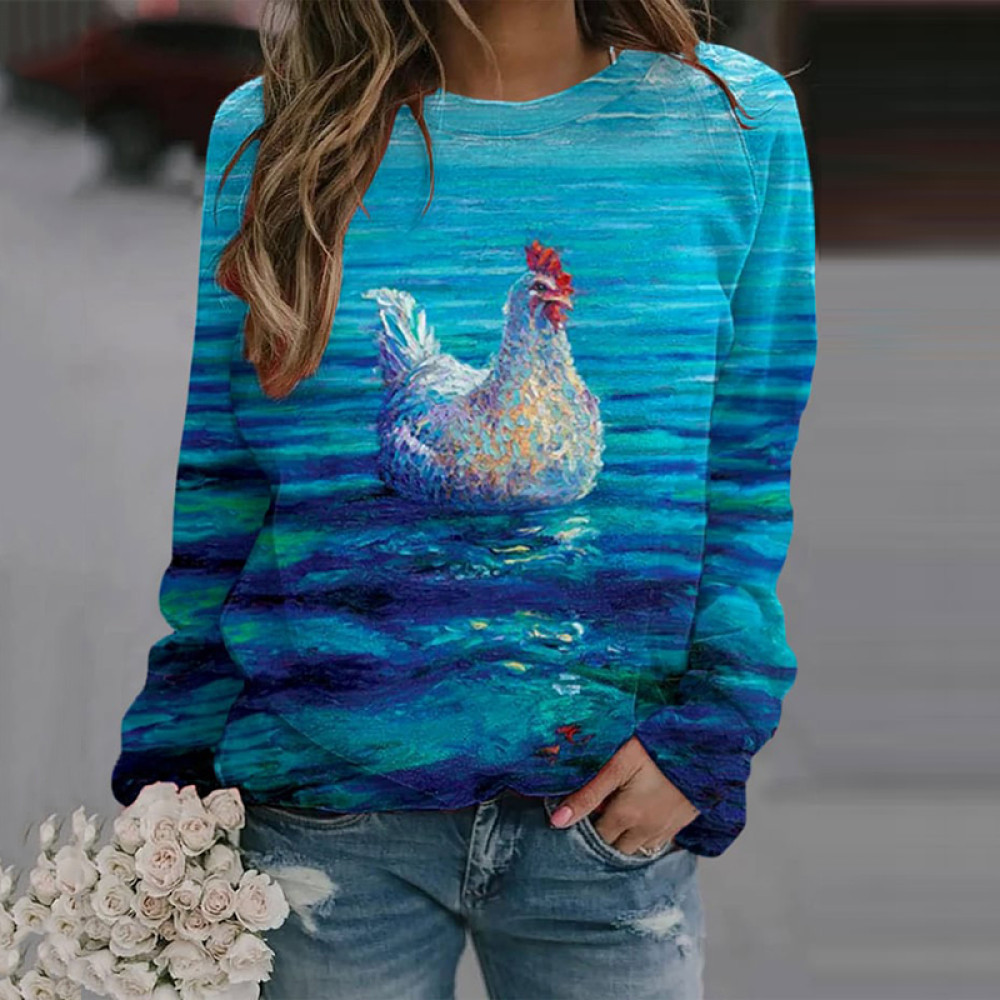 Chicken Painting Printed Round Neck Long Sleeve Sweatshirt