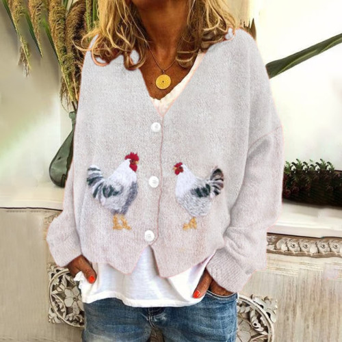 Chicken Print V-Neck Long Sleeved Knitted Cardigan