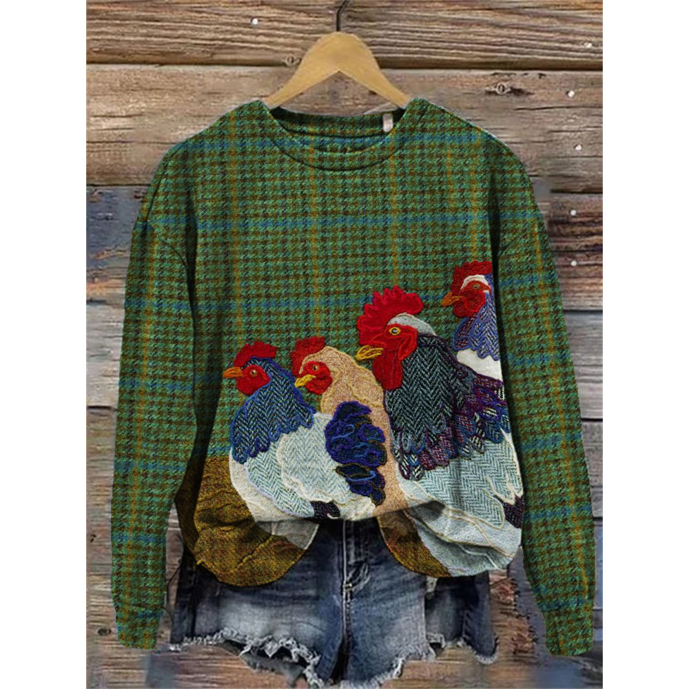 Chicken Textile Art Vintage Plaid Cozy Sweatshirt