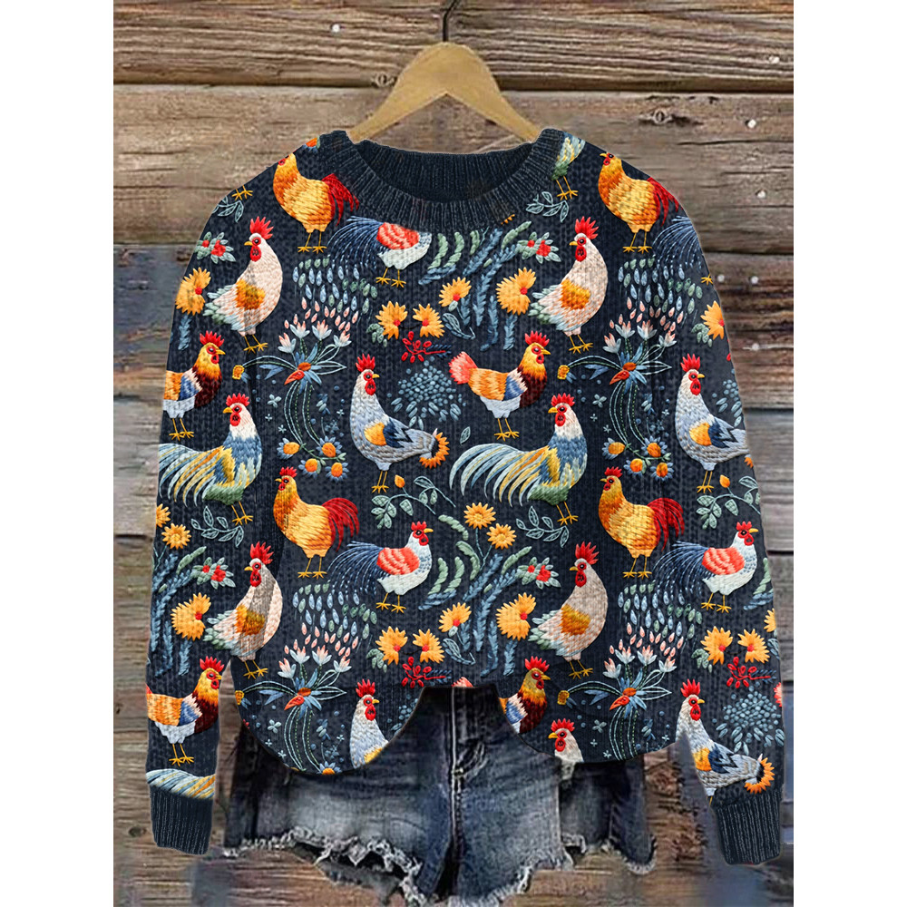 Chicken & Floral Embroidery Art Cozy Knit Sweater