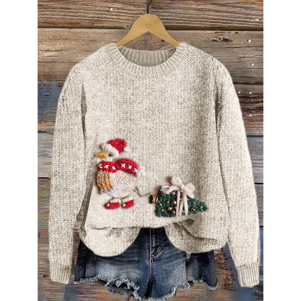 Christmas Duck & Christmas Tree Embroidery Art Cozy Sweater