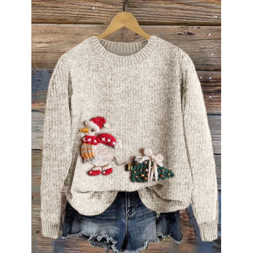 Christmas Duck & Christmas Tree Embroidery Art Cozy Sweater