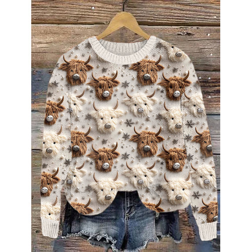 Christmas Highland Cow Casual Cozy Knit Sweater