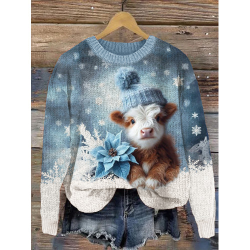 Christmas Highland Cow Snow Contrast Cozy Knit Sweater
