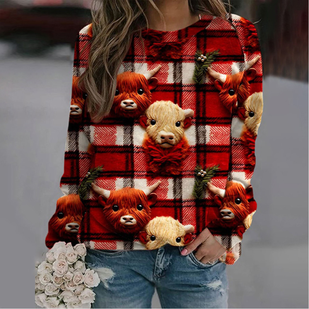 Christmas Plaid Cow Print Crew Neck Sweatshirt