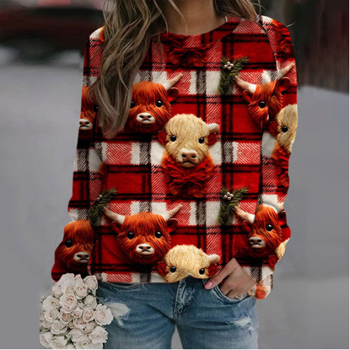 Christmas Plaid Cow Print Crew Neck Sweatshirt