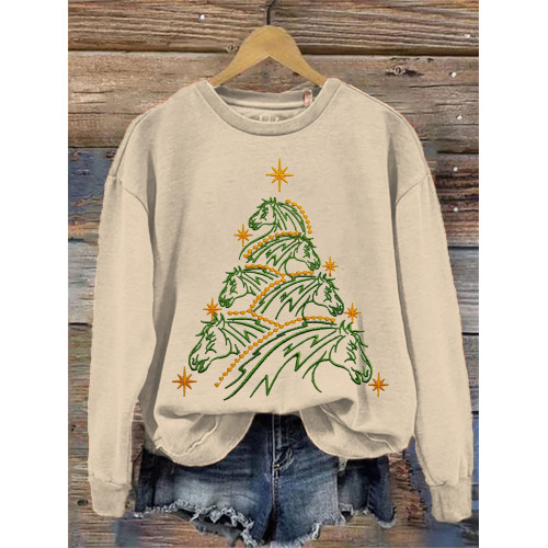 Christmas Tree Horse Embroidery Crew Neck Sweatshirt