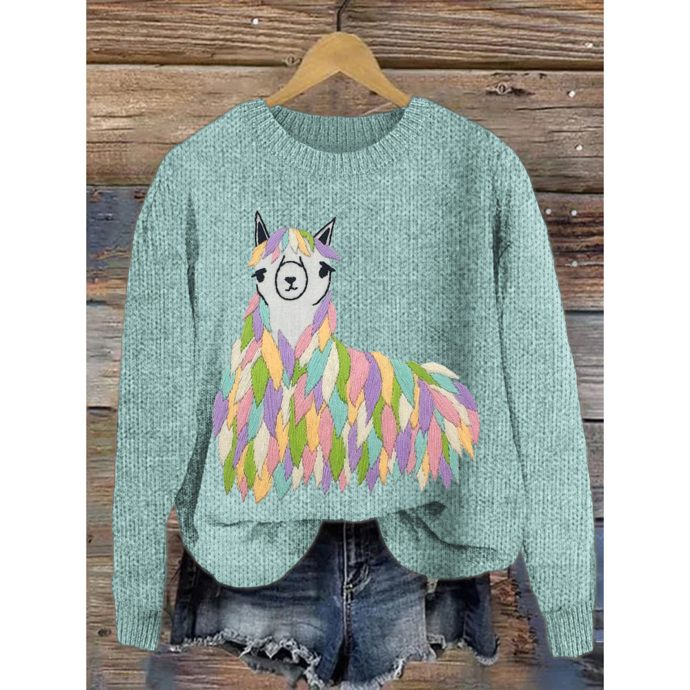 Colorful Alpaca Embroidery Pattern Crew Neck Sweater