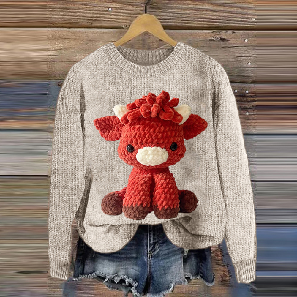 Colorful Amigurumi Highland Cow Embroidery Art Cozy Sweater