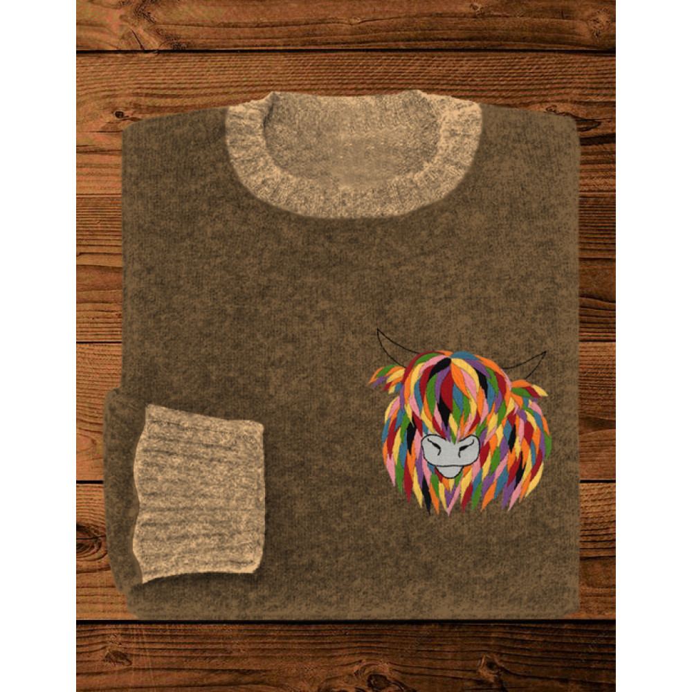 Colorful Cow Embroidery Cozy Sweater