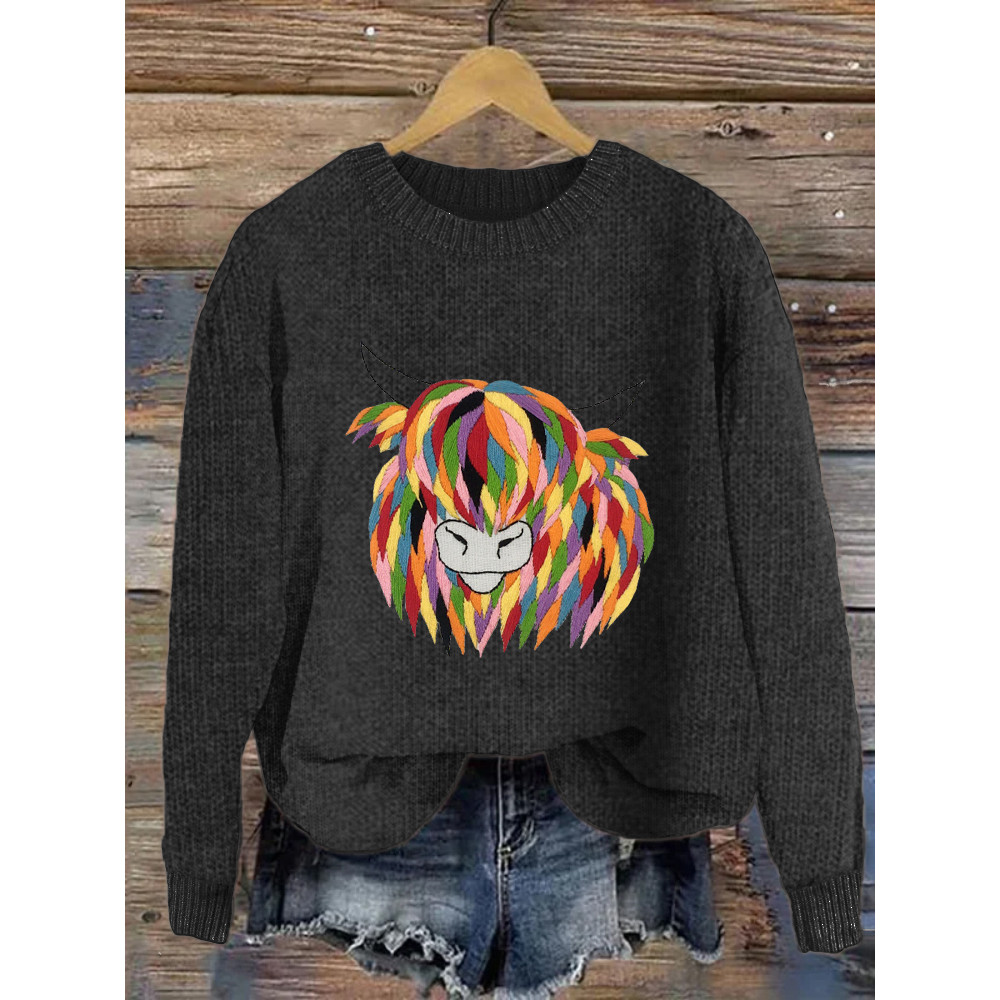 Colorful Cow Embroidery Pattern Crew Neck Sweater