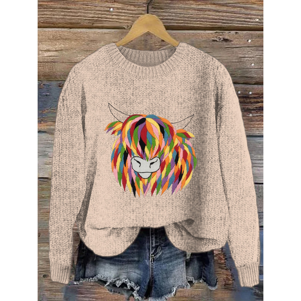 Colorful Cow Embroidery Pattern Crew Neck Sweater