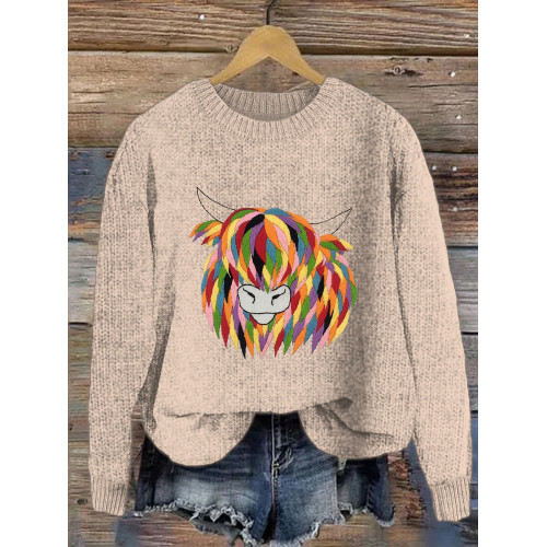 Colorful Cow Embroidery Pattern Crew Neck Sweater