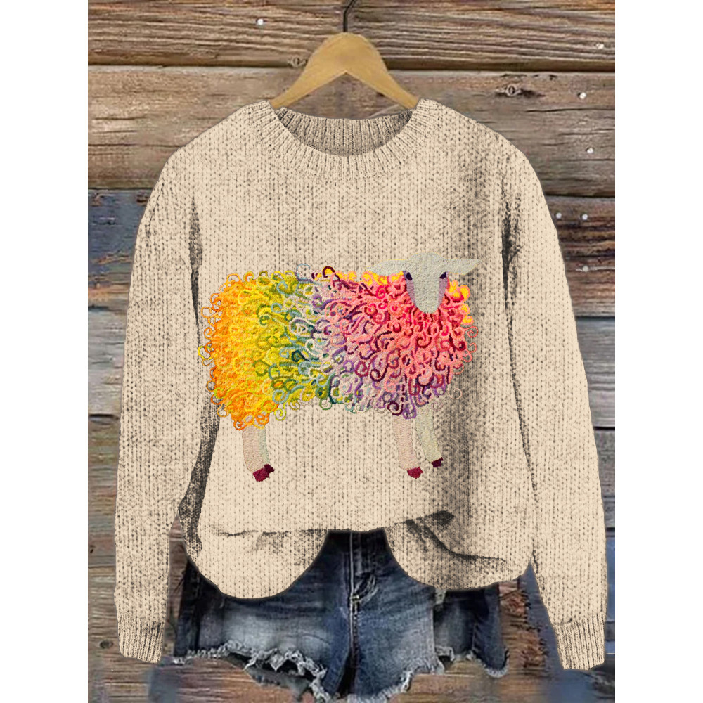 Colorful Curly Sheep Knit Pattern Cozy Sweater