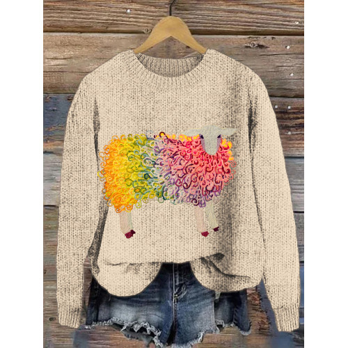 Colorful Curly Sheep Knit Pattern Cozy Sweater