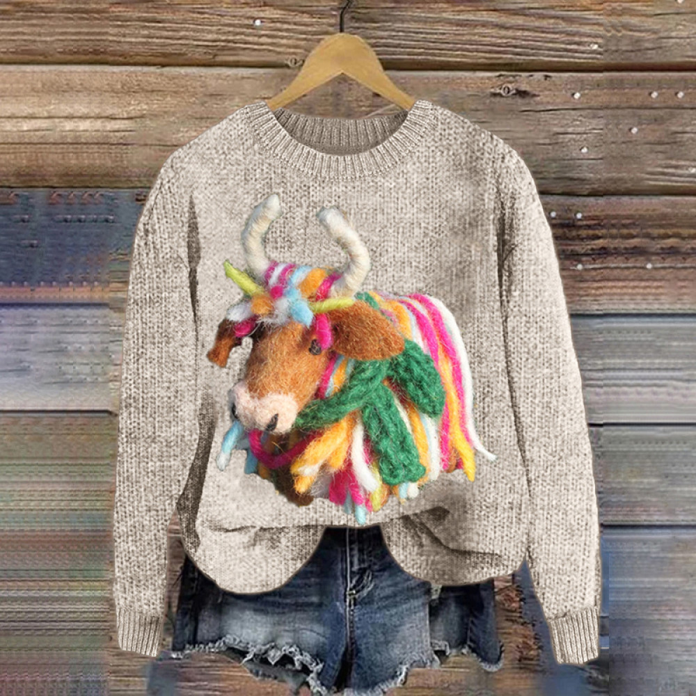 Colorful Felted Highland Cow Embroidery Art Cozy Sweater