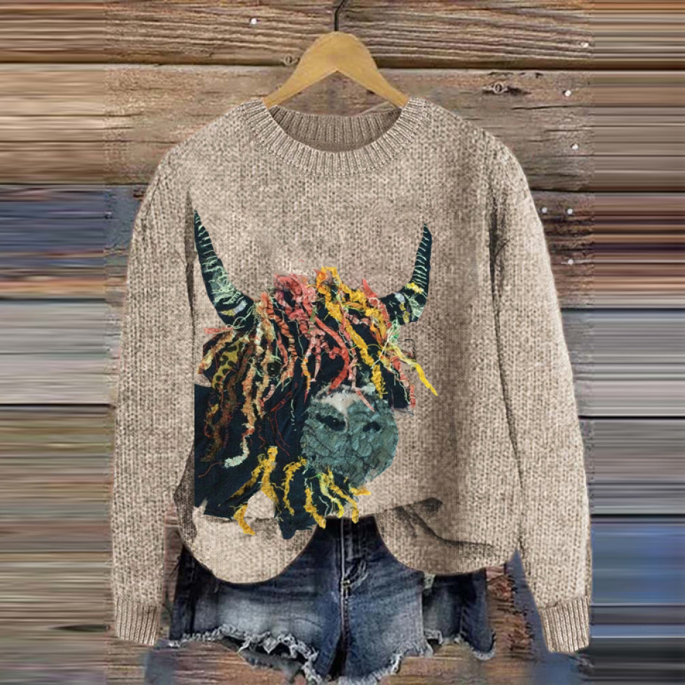 Colorful Felted Highland Cow Embroidery Art Cozy Sweater