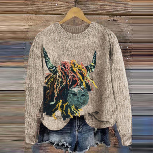 Colorful Felted Highland Cow Embroidery Art Cozy Sweater