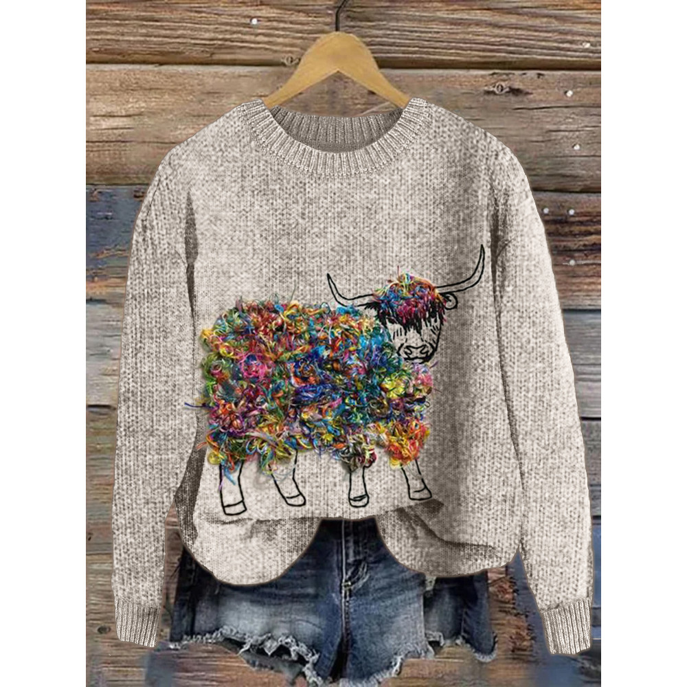Colorful Fuzzy Highland Cow Fringe Embroidery Cozy Sweater
