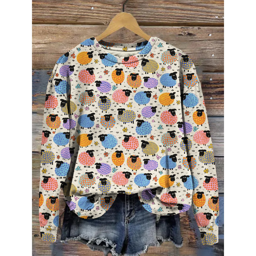 Colorful Happy Sheep Pattern Print Comfy Sweatshirt